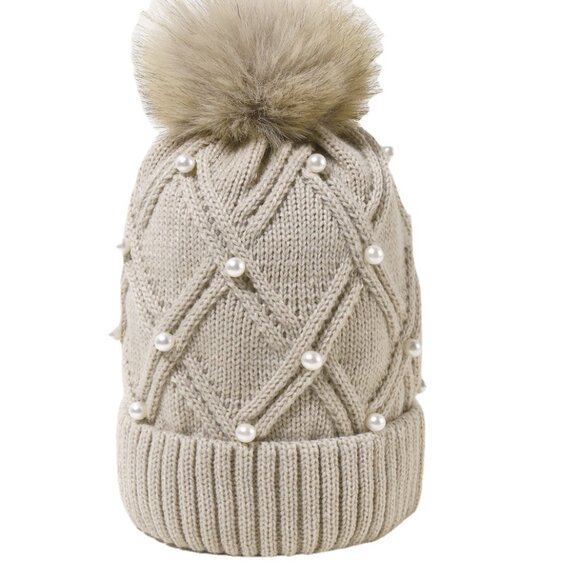 2/$30 Beige Stylish Knit Beanie with Faux Fur Pom-Pom & Pearl Embellishments - Picture 5 of 5
